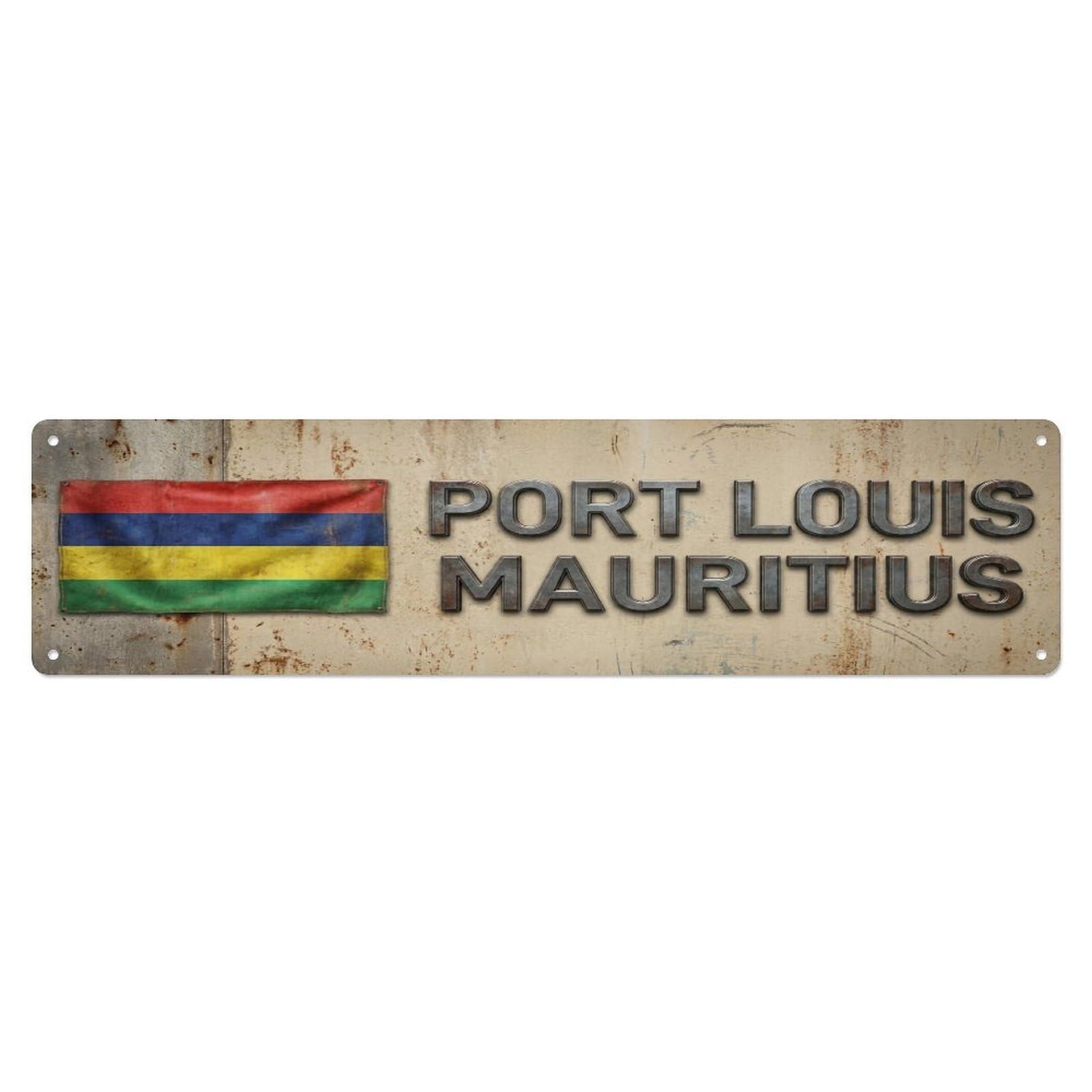Metal Tin Sign Vintage Port Louis Mauritius Flag Decor Rustic Travel