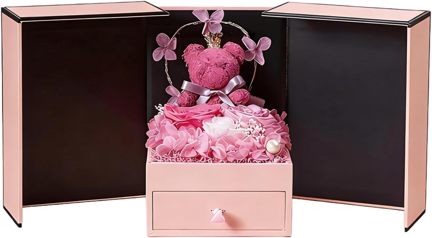 Eternal Flower Gift Box with Pink Bear and Heart-Shaped Preserved Rose, Double-Door Jewelry Storage Box with Back Light and Crown, 3.5 x 3.5 x 4.7 in