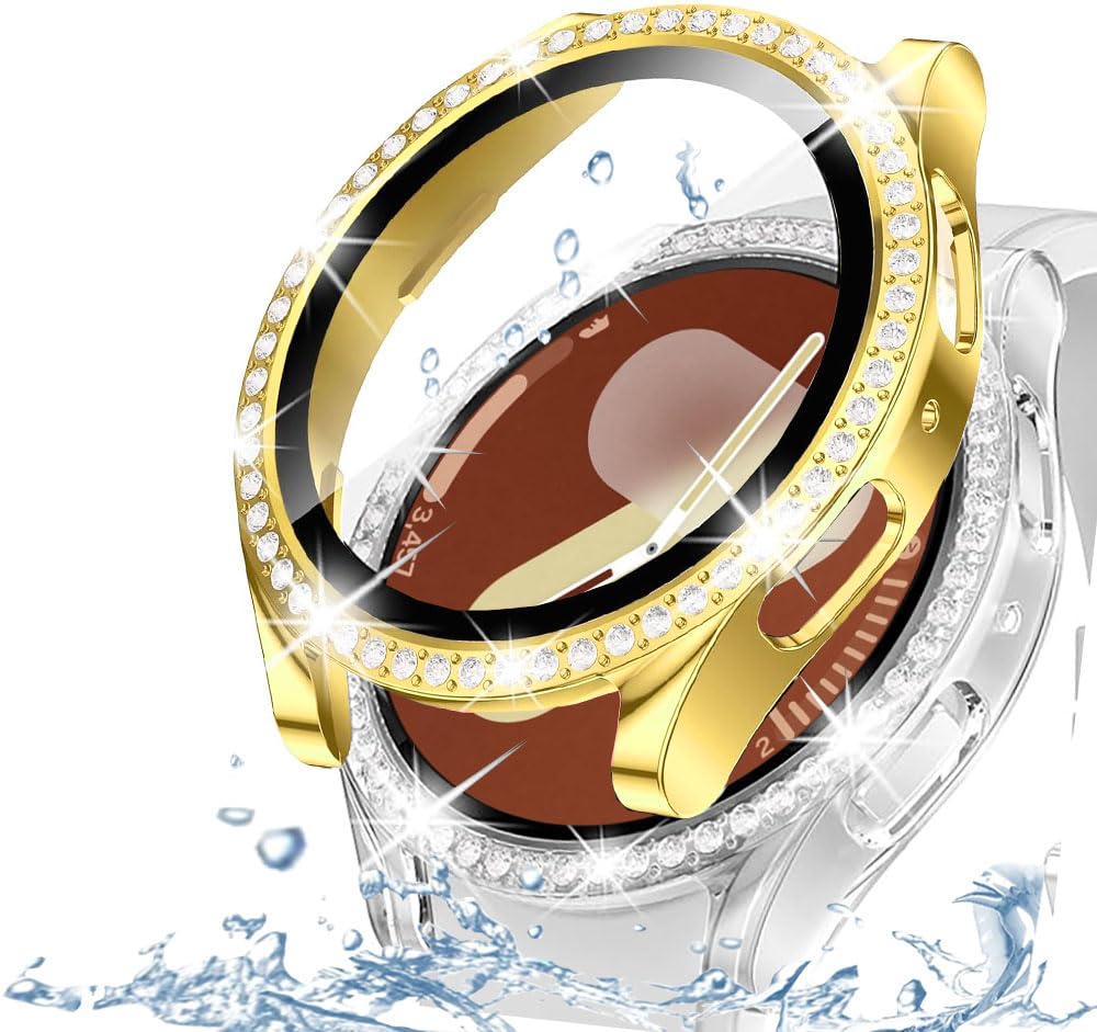 DEALELE [2-PACK] Case Compatible with Samsung Galaxy Watch 5/4 44mm, Bling Single-Row Diamond PC Protective Case Replacement Watch Cover Bumper (44mm, Gold+Transparent) — view 49