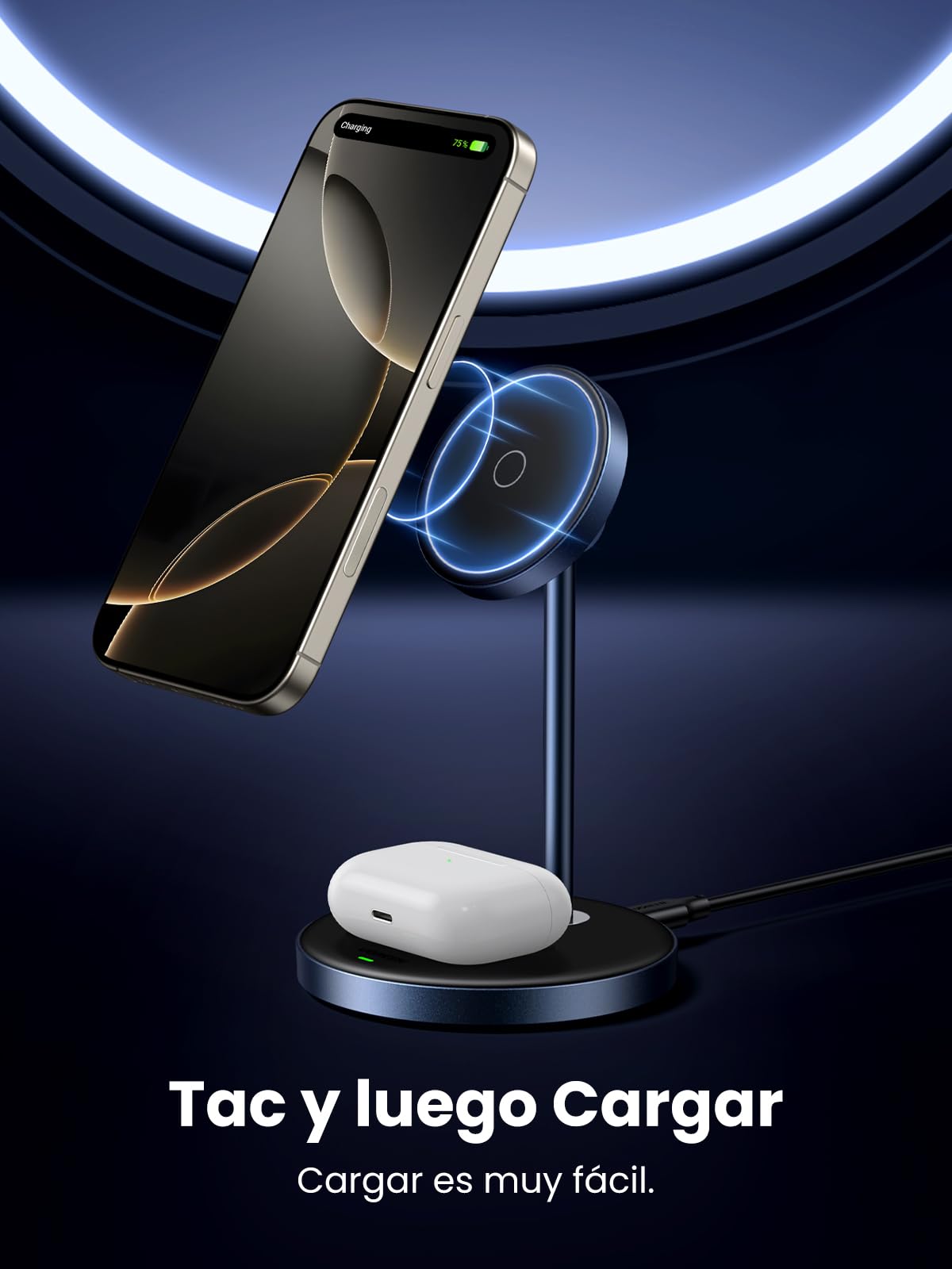 UGREEN MagFlow Cargador Inalámbrico 2 en 1, Estación de Carga Magnética para Airpods, Soporte para Móvil Compatible coniPhone 17 Pro MAX Air/16/15/14/13/12 Series, AirPods Pro 2/3