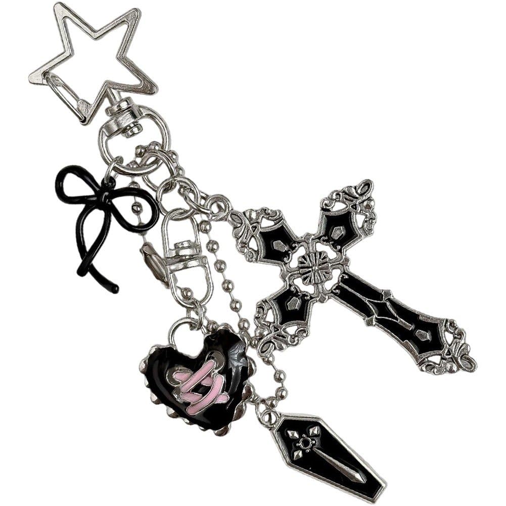 Danlai Y2k Bow Heart Gothic Cross Keychain Charm, Stylish Bag Pendant Accessory for Womens Backpack Handbag Matching