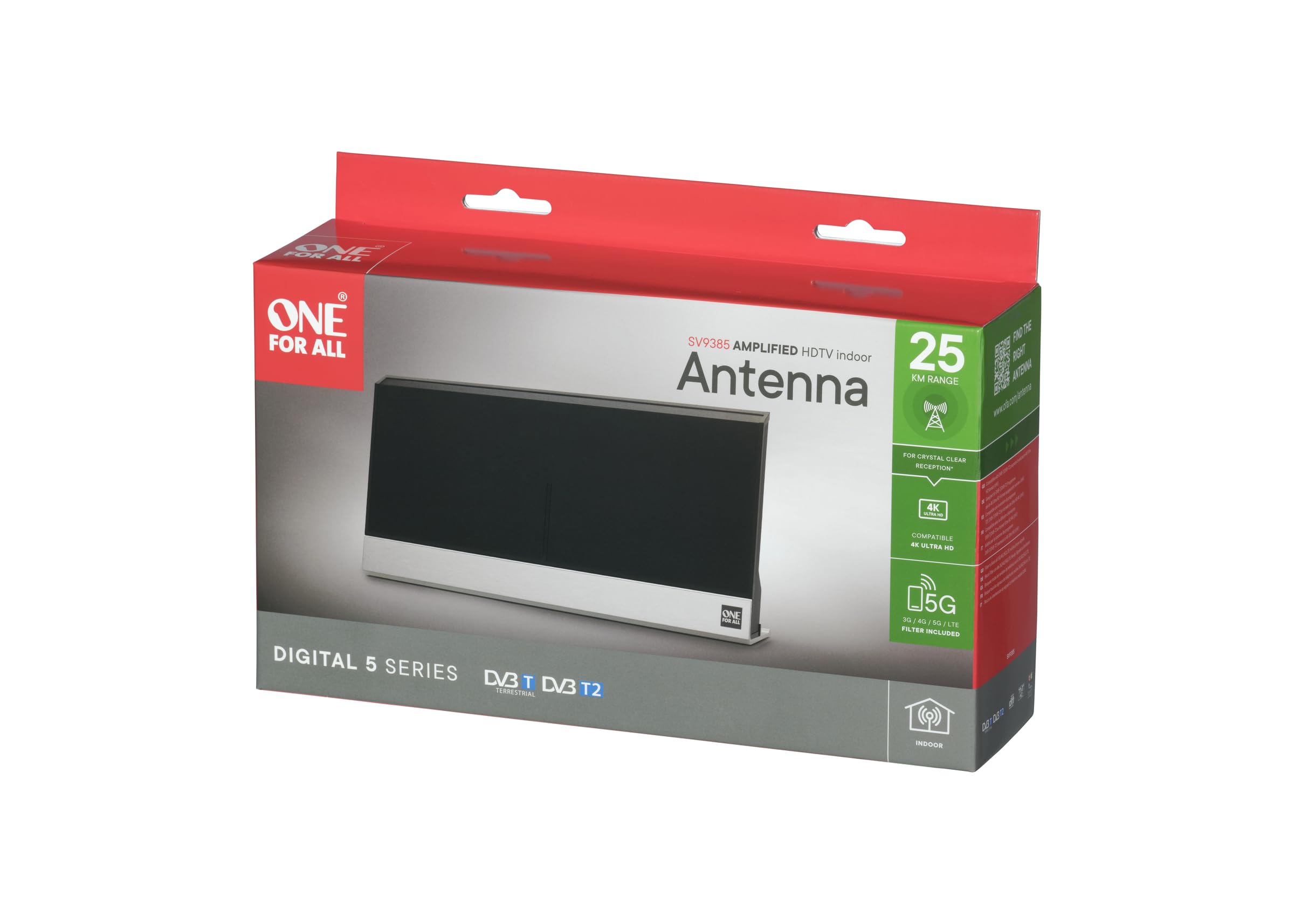 One For All - Antena de TV Interior Amplificada - Recibe TDT en un Rango de 25km - Antena Full HD TV Digital - Incluye Cable Coaxial de Alto Rendimiento - VHF/UHF - Filtro 3G/4G/5G - Negra - SV9385