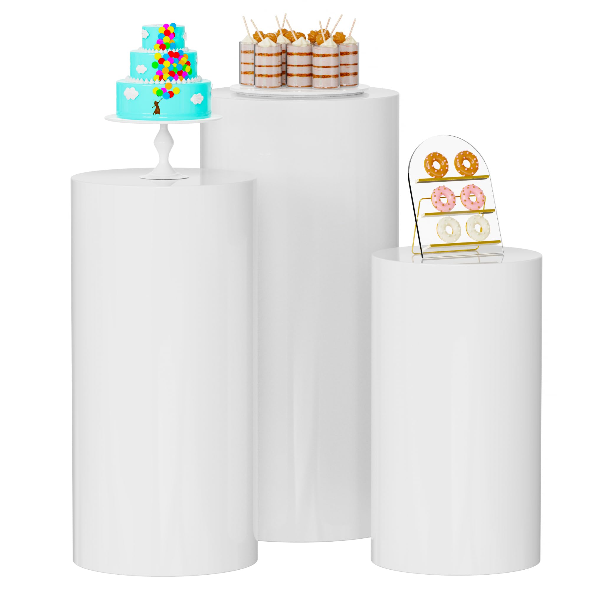 Putros Metal Cylinder Pedestal Stands White Round Cylinder Display 3Pcs Plinth Pillars for Wedding Party Decoracion 34.7''(L),29.5''(M),23.6''(S)