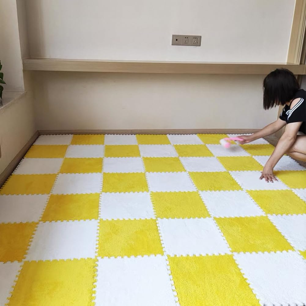 10 Tiles Interlocking Puzzle Play Mat 30x30x1cm EVA Foam Floor Mats,Fluffy Area Rug for Living Room Bedroom,Non-Slip Protective Floor Carpet (White Yellow)