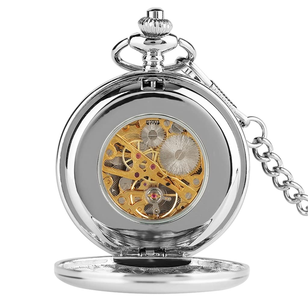 Męski srebrny zegarek Steampunk z ręcznym nakręcaniem Elegancki design Double Hollow mechaniczny zegarek kieszonkowy (kolor: D) (A)