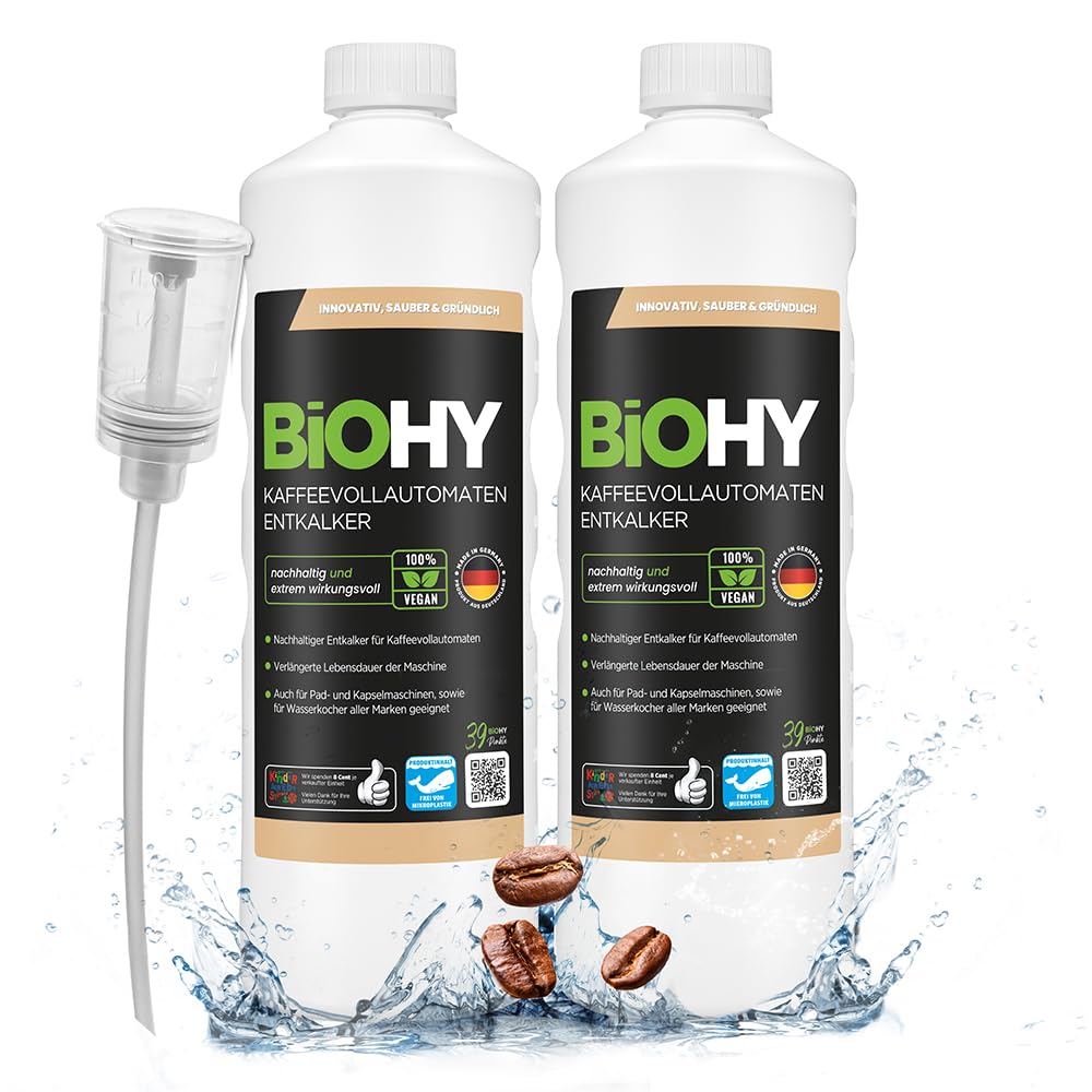 BiOHY Coffee Machines Descaler (2 x 1l Bottle) + Dispenser | Ideal for descaling all coffee machines & espresso machines | Approx. 20 descaling operations/bottle (Kaffeevollautomaten Entkalker)