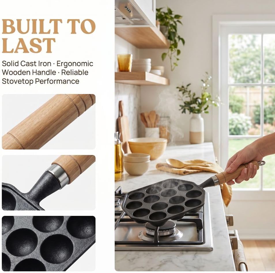 Cast Iron Takoyaki Grill Pan 14 Hole – Uncoated 6.7 Inch Octopus Ball Maker with Wooden Handle for Gas Stovetop, Induction cookers