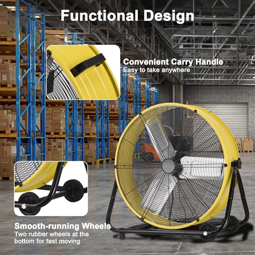 24 Inch Industrial Drum Fan, 8800 CFM High Velocity Floor Shop Fan, Heavy Duty, 3 Speeds, 360 Degree Tilt with Casters Handle, Ideal for Industrial, Commercial, Gym, Garage Use, ETL Listed