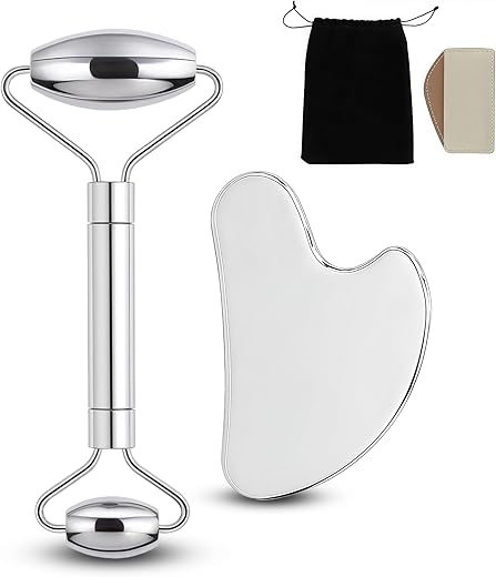 Stainless Steel Gua Sha and Face Roller Set Facial Massager Tools, Lymphatic Drainage Massager Metal Gua Sha Skin Self Care Gifts for Women, Face Sculpting Guasha for Body Eyes with Pouch