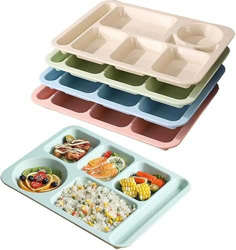 Miniatura 8 de 4 platos divididos irrompibles, bandejas de plástico reutilizables de 14 pulgadas con 6 compartimentos, placa grande de control de porciones para