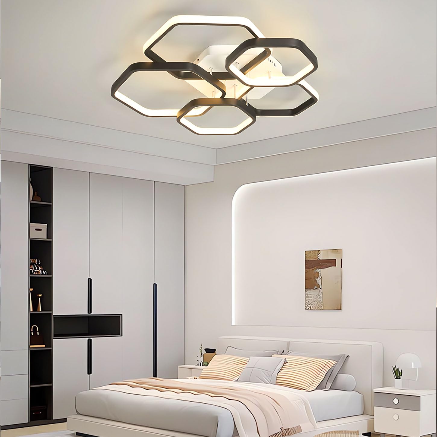 Lámpara de techo LED moderna, lámpara de techo regulable para dormitorio de 3000-6000 K con mando a distancia, lámpara de techo acrílica negra, ideal para dormitorios. (Oro)