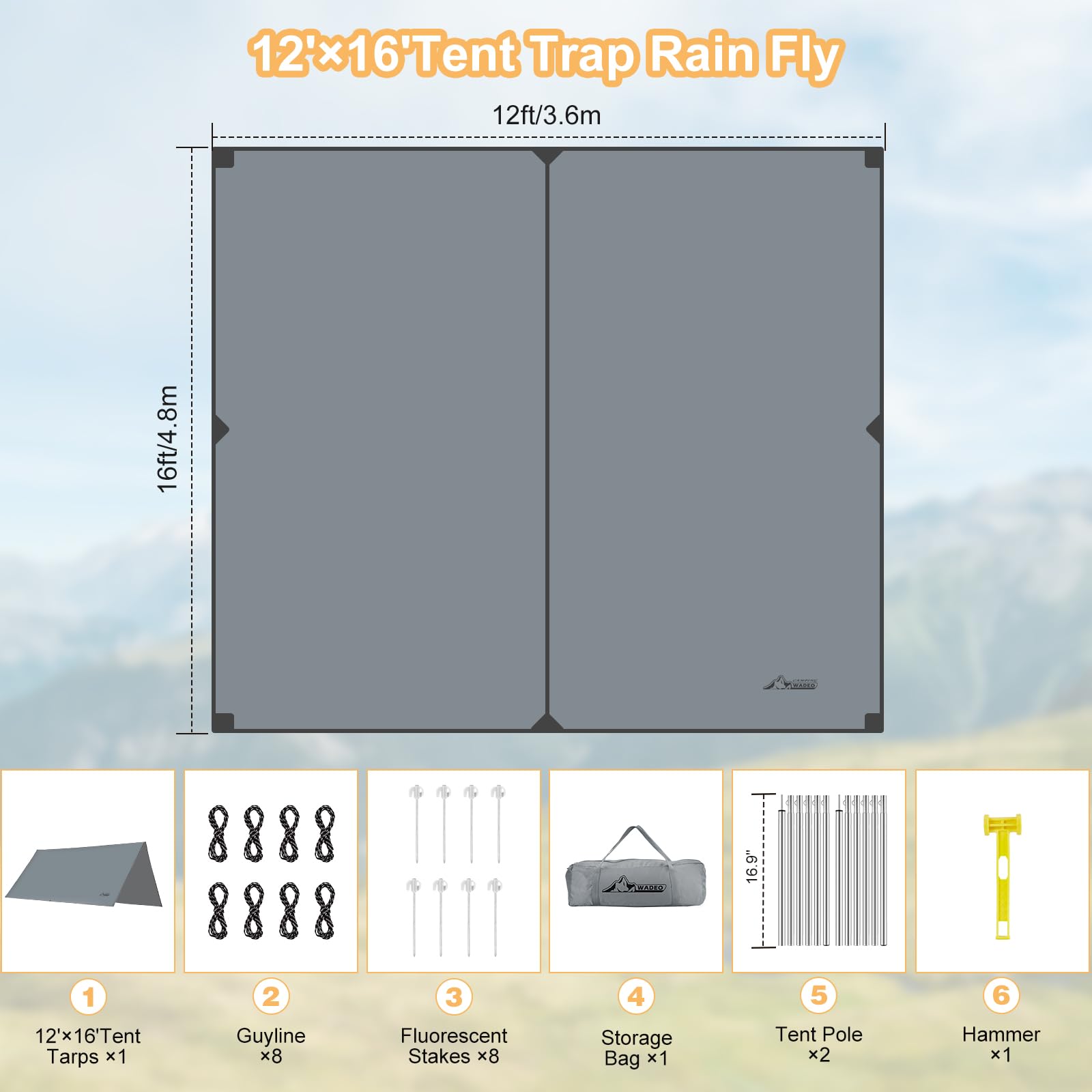 WADEO Telo da campeggio grande 12x16FT, Tenda Parasole con tessuto resistente e pali, Amaca per campeggio, escursionismo, Fornito con picchetti luminosi e martello, Facile da montare (Grigio)