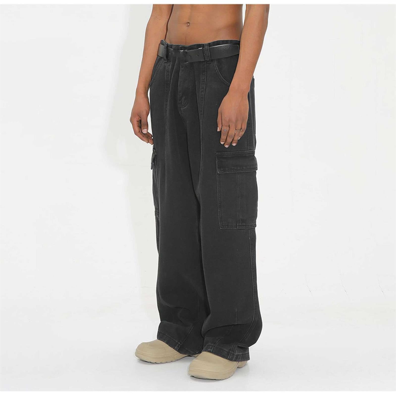 Generico Baggy Jeans Uomo Pantaloni Jins Y2K Balloon Loose Moto Strappati Invernali Zampa Slim Larghi Salopette Fit Flare Cargo Flared