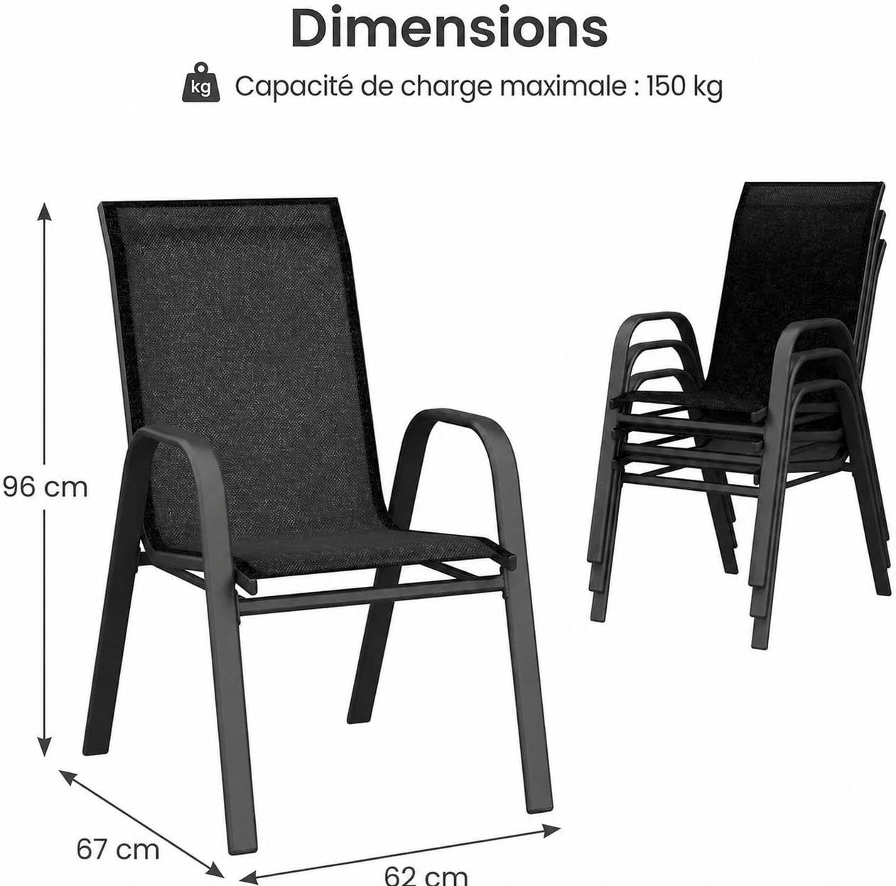 Lot de 4 chaises de Patio empilables avec accoudoirs - Noir