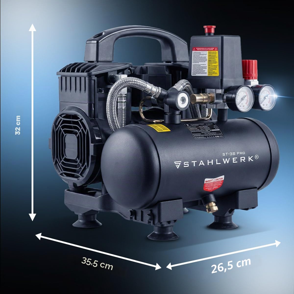 STAHLWERK Compresseur d’air 3 L (ST-38 Pro) – sans huile & silencieux | 8 bar, 1,60 CV, 1,18 kW, 190 l/min, 67 dB, compresseur d'air avec moteurs sans balais, compresseur à pistons silencieux