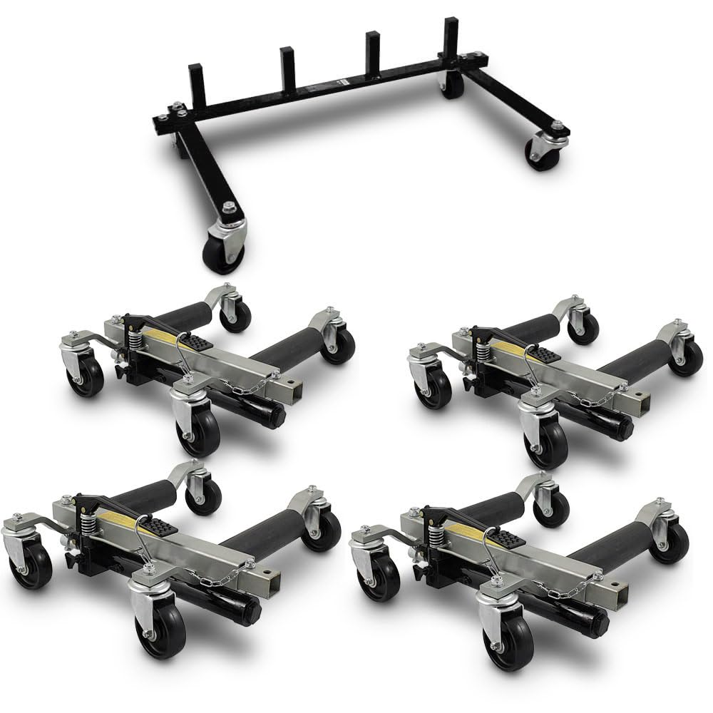 BITUXX 4 Stück PKW Rangierhilfe Rangierheber hydraulisch Wagenheber Auto Rangierroller Rangierheber belastbar bis 680 kg pro Rangierroller inklusive Transportständer