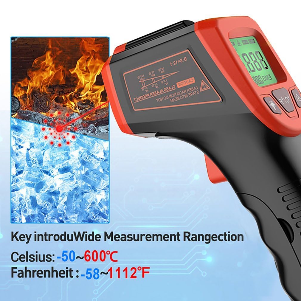 Termometro Infrarossi Senza Contatto a Pistola Laser Digitale LCD -50°C a 600°C per Cucinare Grigliare Forno Pizza