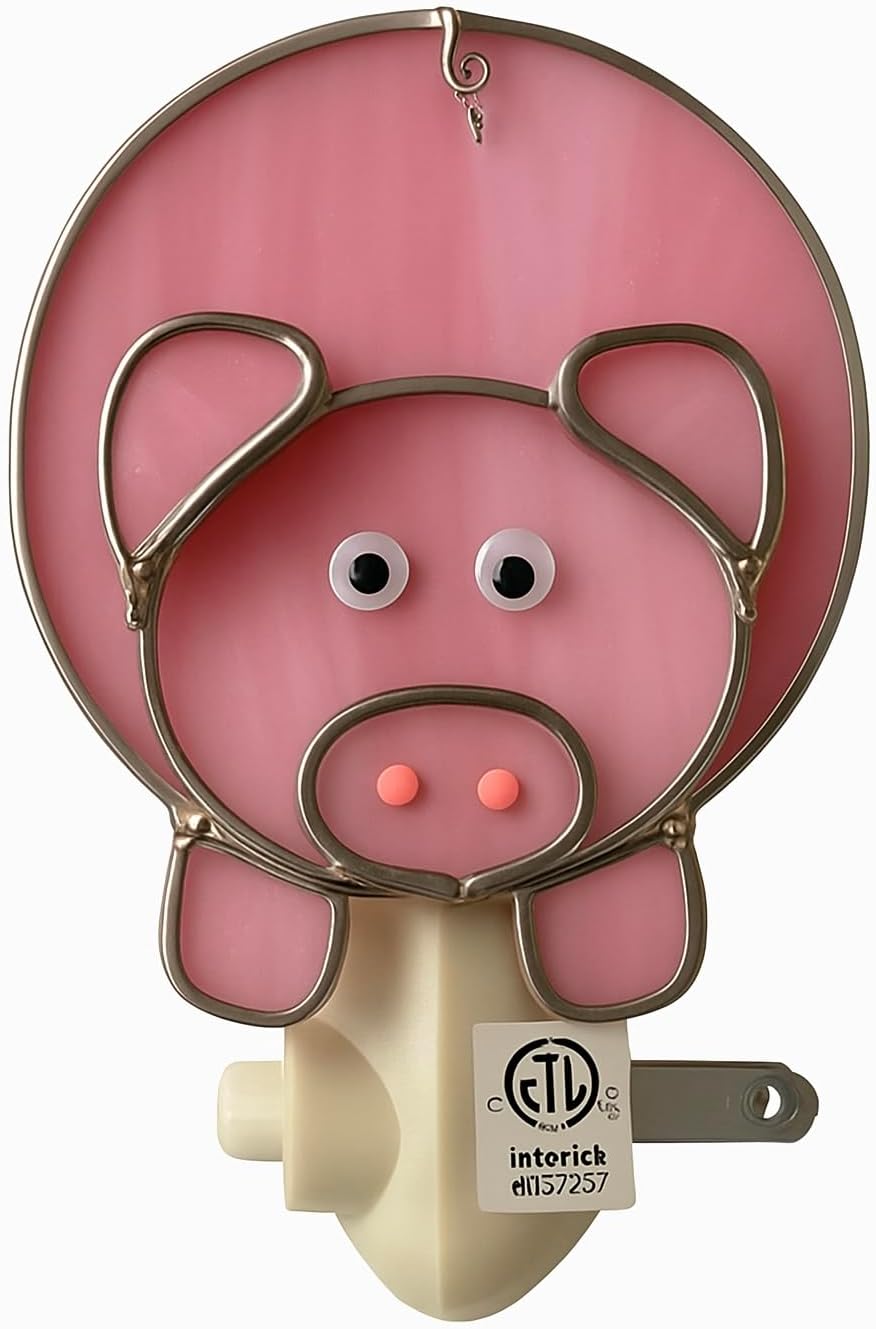 JGS Stained Glass Pig Night Light – Pink Piggy Design with Silver Finish – Includes 5W Bulb and Standard Night Light Base from Juhlin Glass Studio