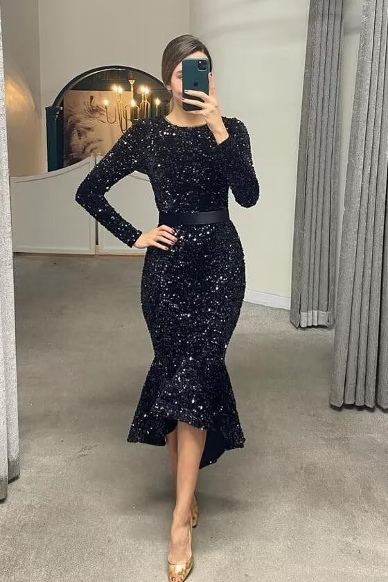 Long Sleeves Scoop Neck Mermaid Prom Dresses Sparkly Sequin Tight High Waist Formal Dresses Evening Party Gowns with Belt4