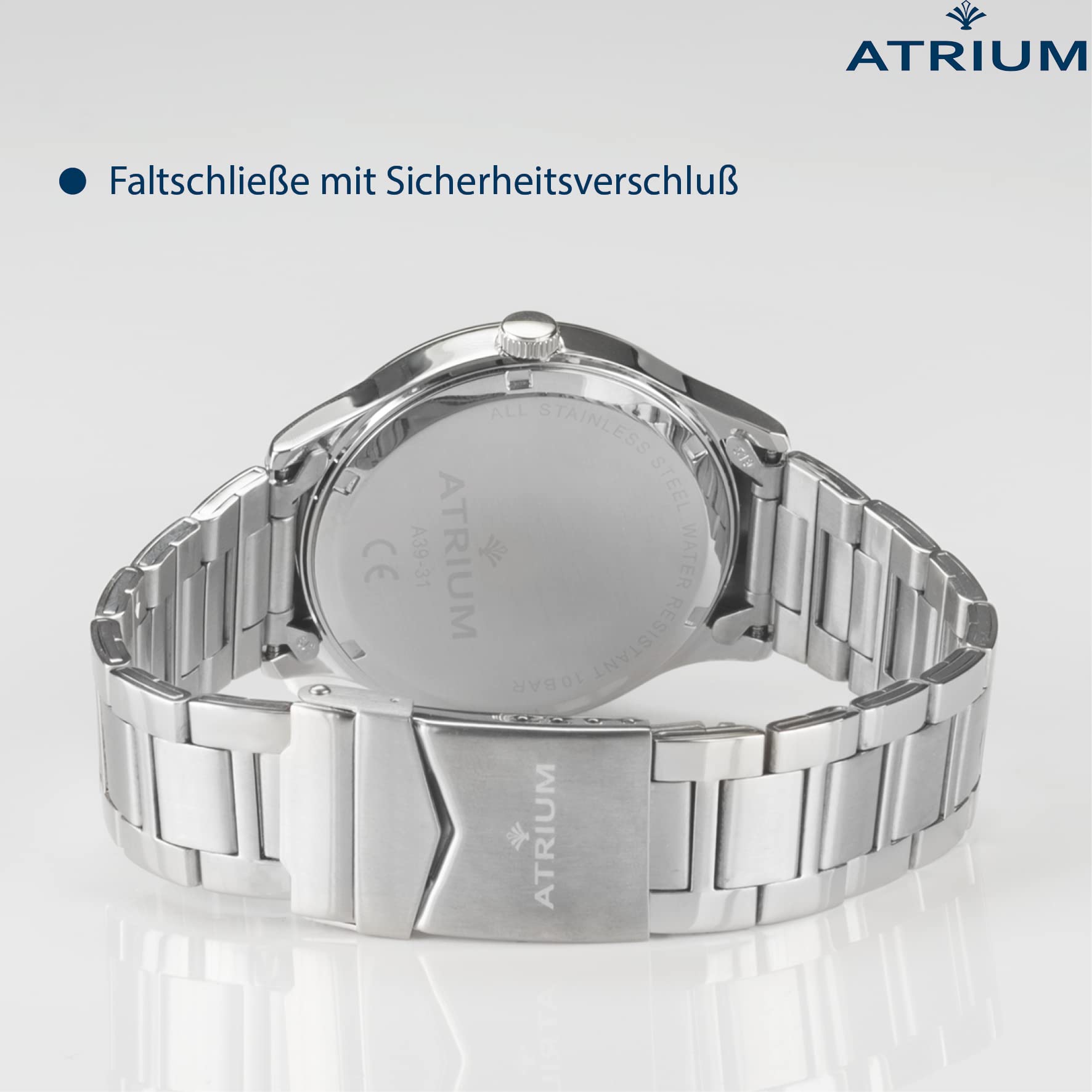 Atrium Herren-Armbanduhr Edelstahl Analog Quarz 10 bar mit Edelstahl Armband und Wochentag Datum Anzeige Silberfarben A39-31