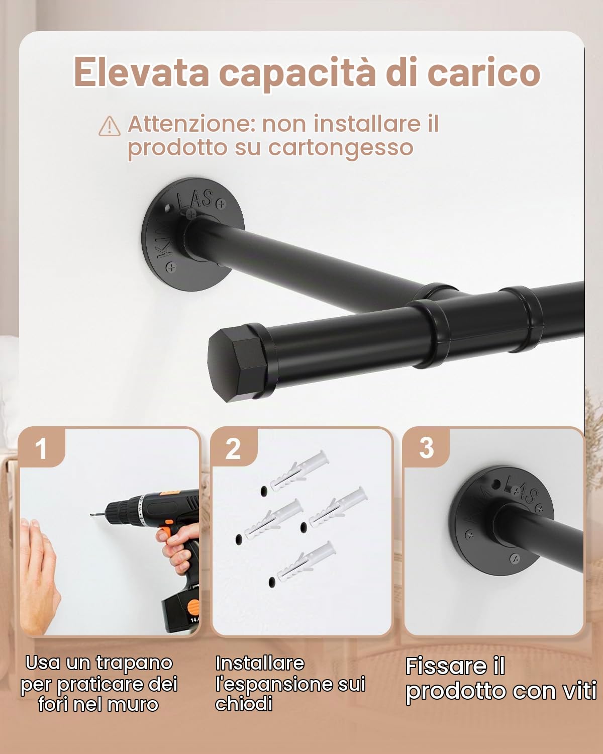 Appendiabiti vintage, Attaccapanni da Muro, 121 cm, Nero, 1 Set | Barra dei Vestiti Staccabili Robusta in Metallo, Pratici Bastoni per Armadi, Appendiabiti Salvaspazio ai Carichi Pesanti