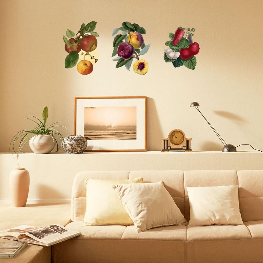 SUPERDANT Vintage Fruits Wall Stickers Grapes Peaches Wall Decals Kitchen Retro Country Art Decor Peel and Stick Vinyl Murals for Refrigerators Cabinet Dining Room Livingroom Nursery Decoration