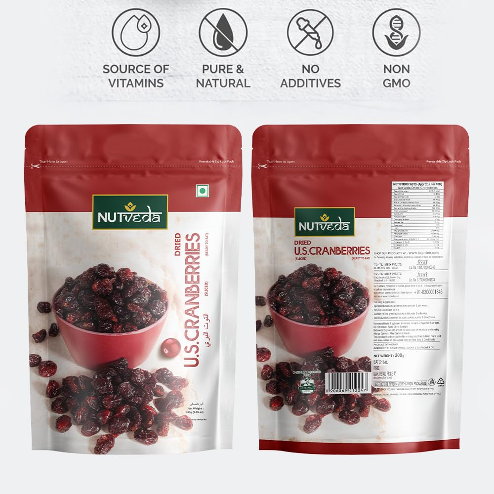 NUTVEDA Dried U.S. Cranberry (Sliced) 200g - Ready To Eat | Improves Eyesight | Rich in Dietary Fiber, Antioxidants, Vitamins & Minerals. - Image 5 thumbnail