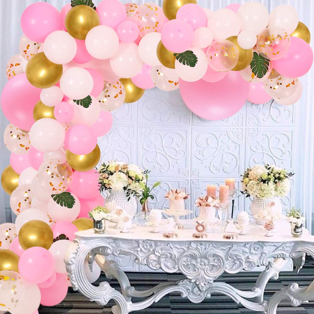 Pink Balloon Garland Arch Kits -128Pcs Pink White Gold Confetti Latex Balloons 16ft with Palm Leaves for Baby & Bridal Shower Birthday Wedding Graduation Party Decorations