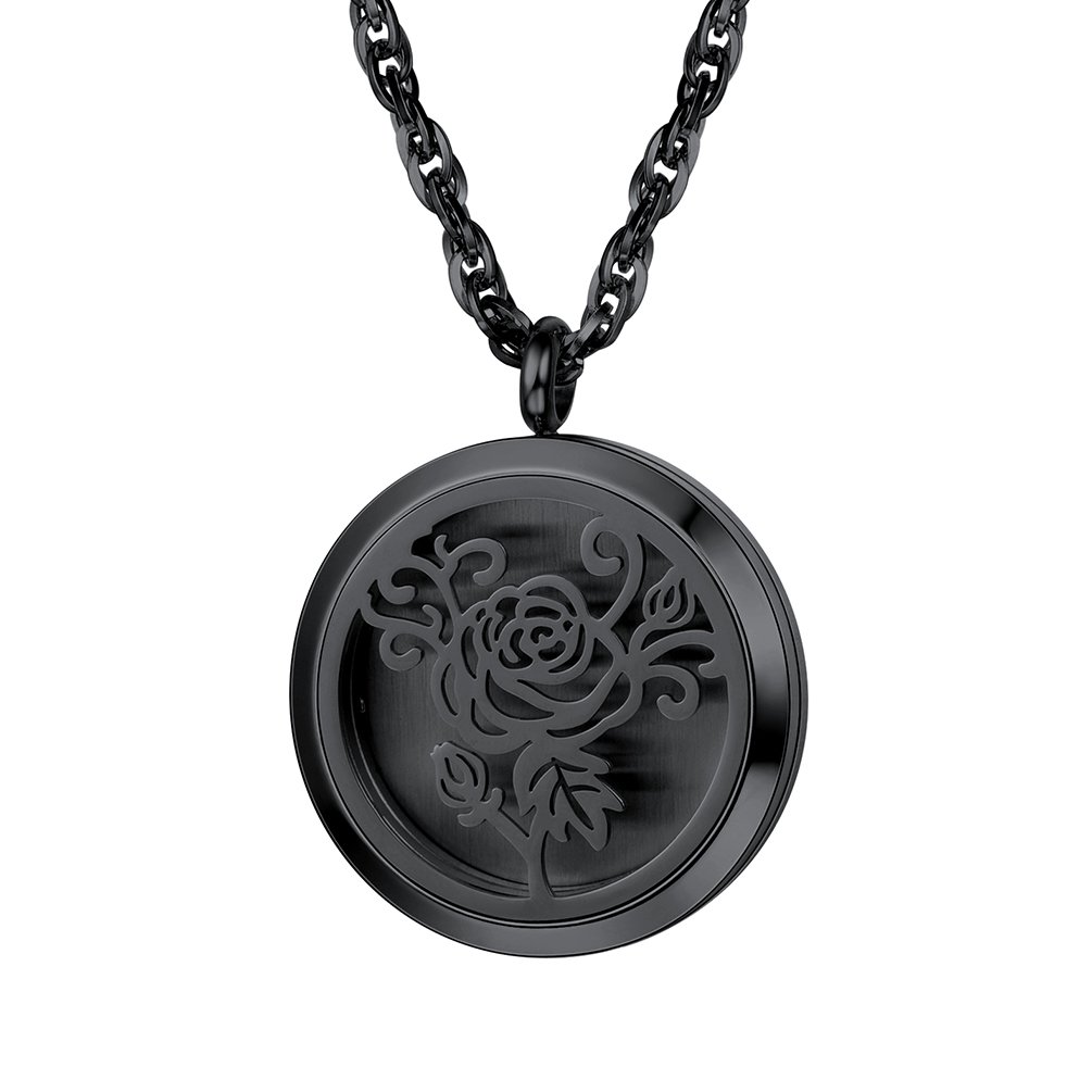 PROSTEELPROSTEEL Diffuser Aromatherapy Necklace,Perfume Locket Pendant Charm,Delicate Rose Flower Hot Women Jewelry,Black Stainless Steel,Valentine