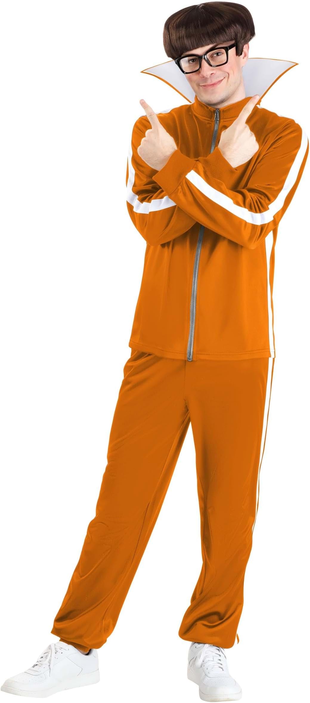 Adult Vector Costume | Despicable Me Movie Vector Perkins Men's Costume Orange Tracksuit with Glasses and Bowl Cut Wig
