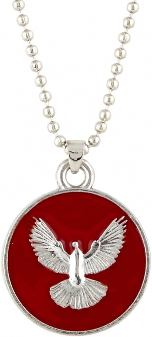 SIlver Tone Red Enamel Confirmation Holy Dove Religious Pendant, 1 Inch