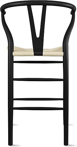 Miniatura 8 de 2xhome Taburetes de bar de altura de mostrador de Wishbone de estilo rústico con respaldo, asiento tejido de luz oscura, madera negra, totalmente