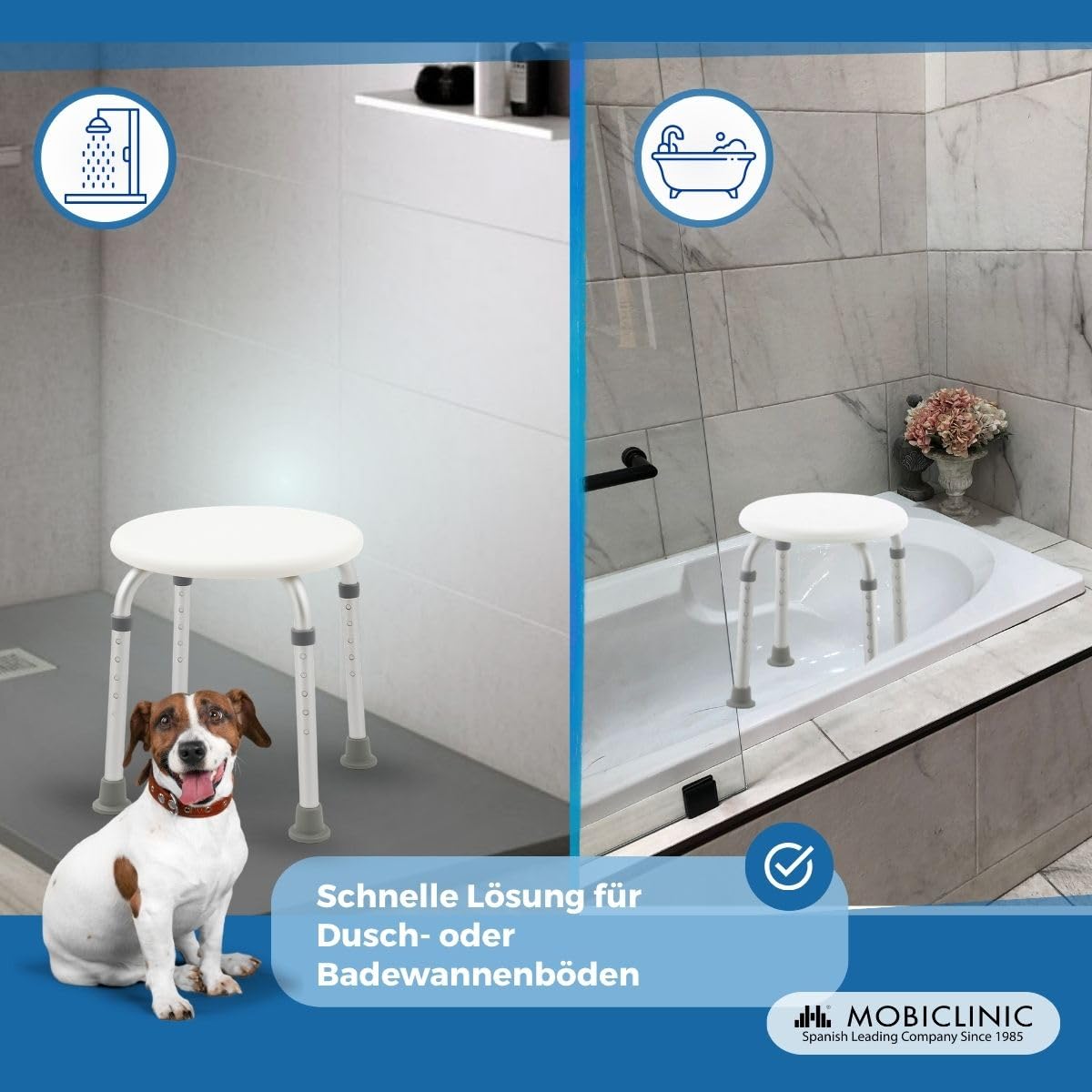 Mobiclinic®, Duschhocker, Höhenverstellbar, Duschstuhl für Senioren, rutschfeste Hülsen, Badestuhl für Menschen mit Eingeschränkter Mobilität, Bis 100 kg, Aluminium und PVC, Leicht, Stabil, Faro