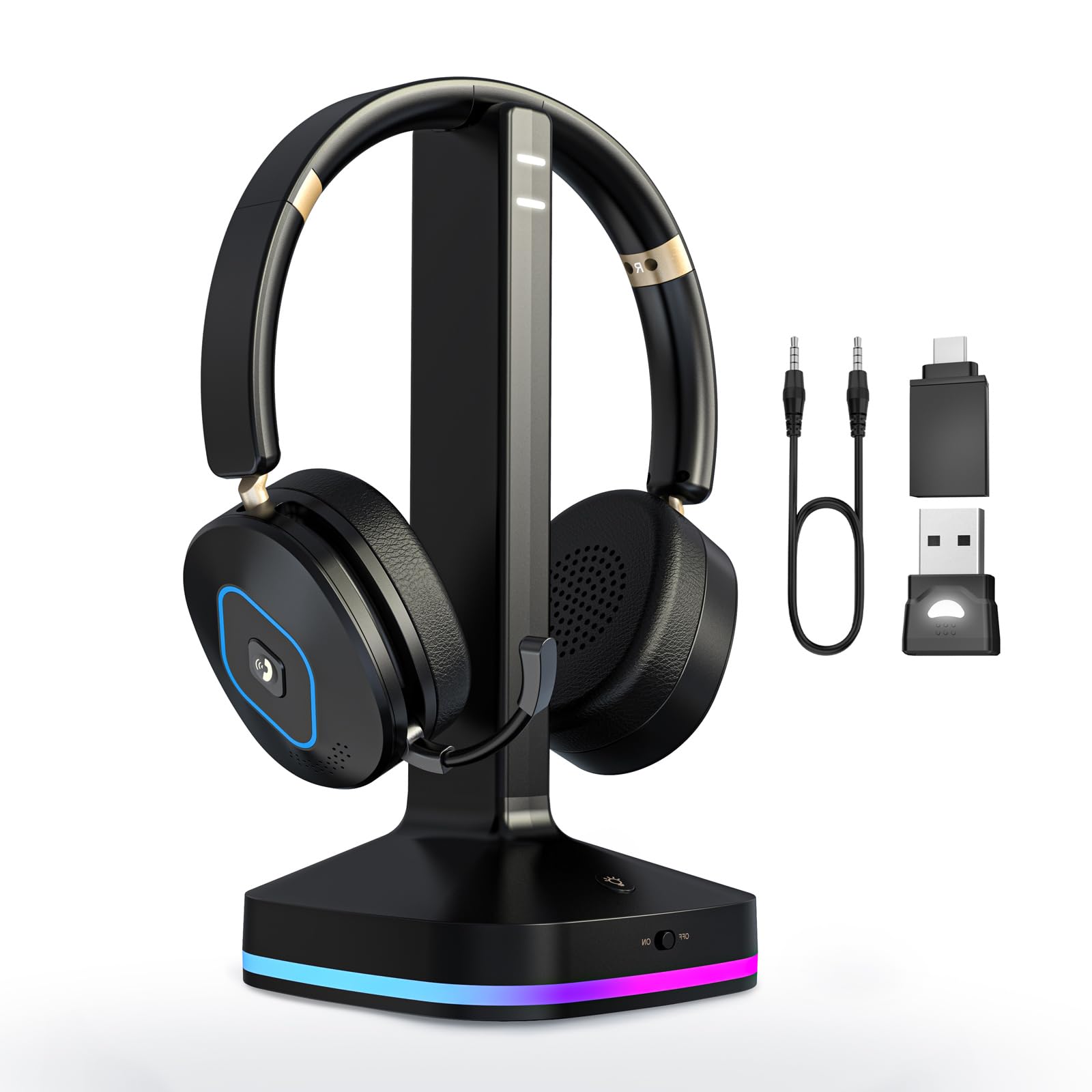Bluetooth Headset with Microphone, Wireless Headset AI Noise Cancelling, Dual-Mode Bluetooth 6.0 & 2.4G Dongle, Wireless Headphones for 45H Work RGB/HUB Base, Meeting/Office/PC/Phone/Teams/Zoom-image-40