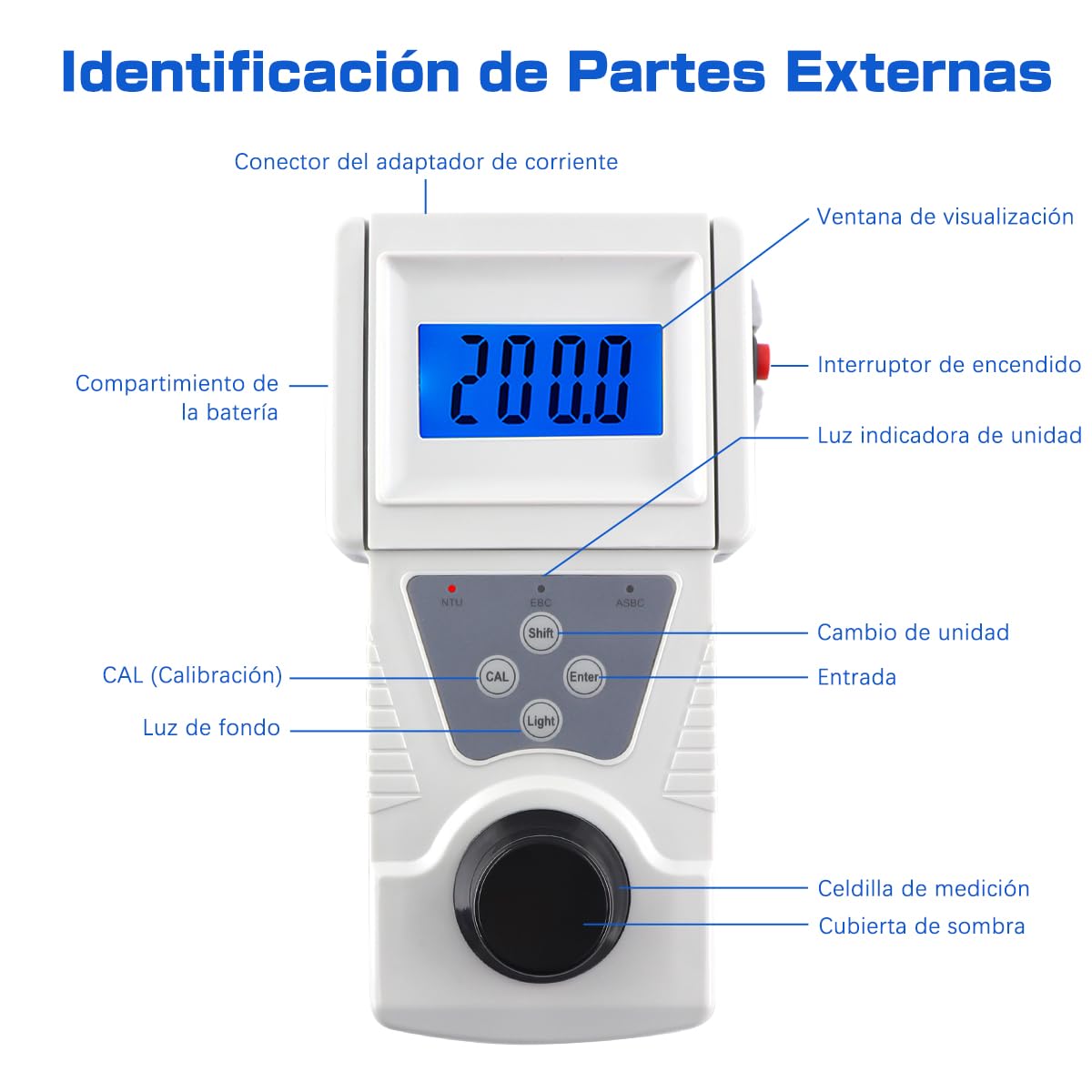 Turbidímetro Portátil 0-200 NTU Medidor de Turbidez Agua con Solución Estándar de Formacina