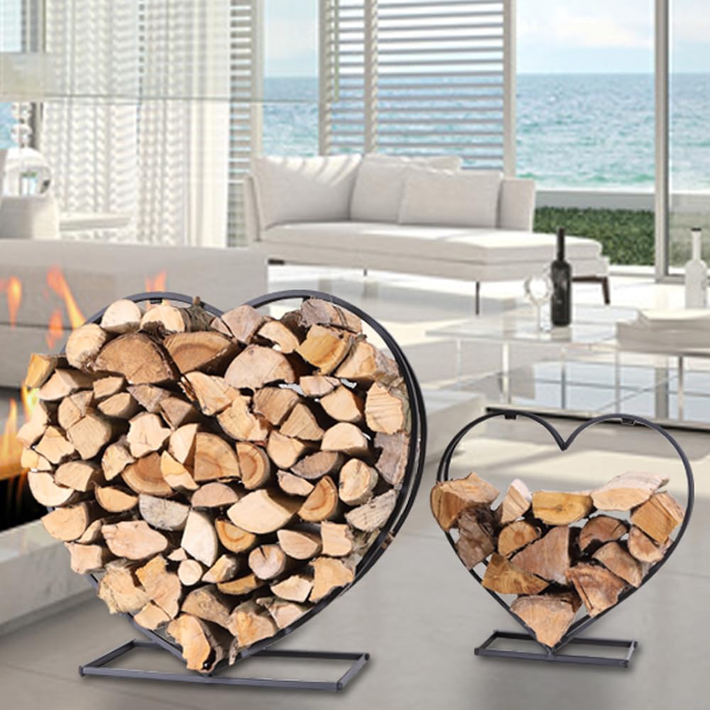 H4L Scaffale impilabile per legna da ardere, set da 2 pezzi, a forma di cuore, nero