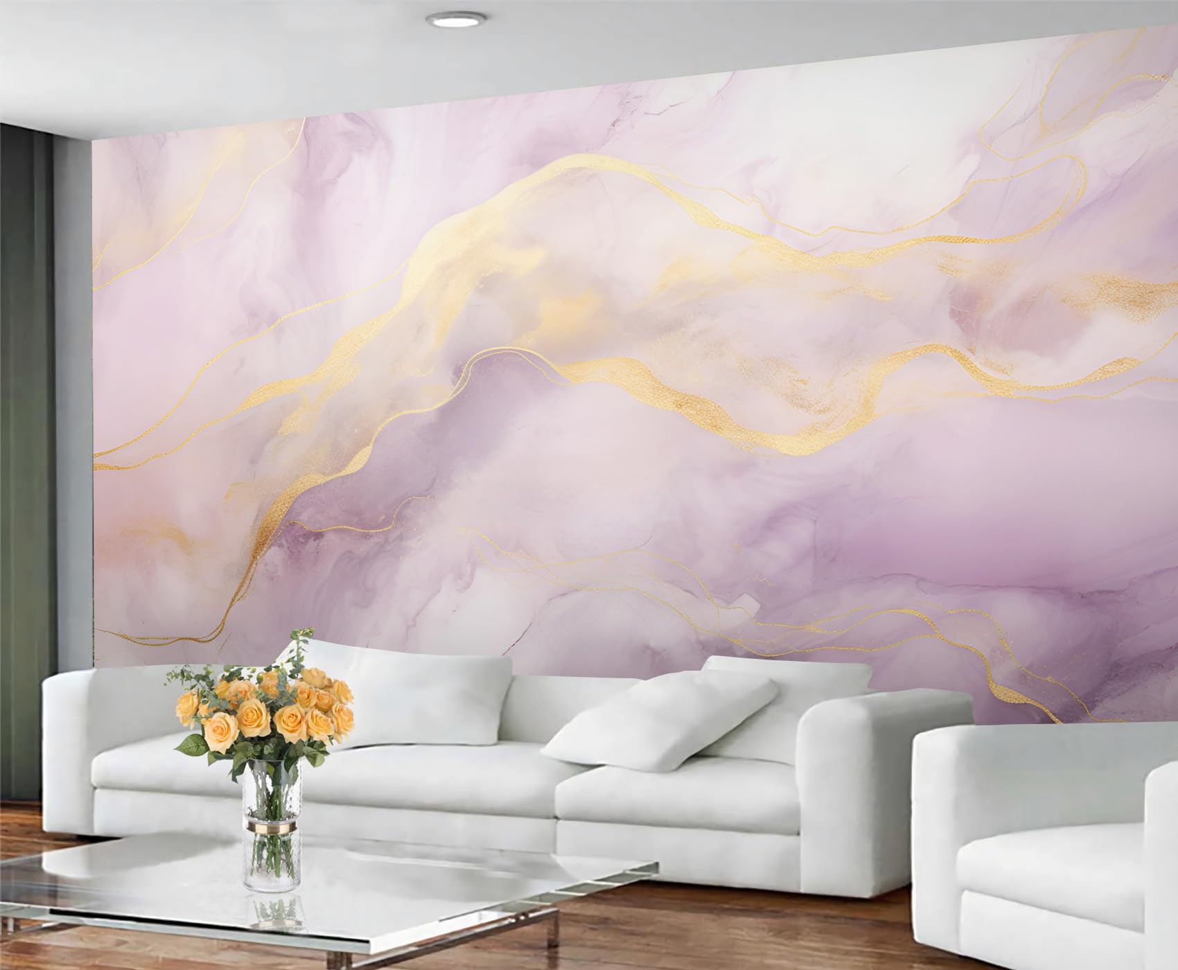 YXQAIED Marble Wallpaper, Dream Pink Bedroom Wallpaper, Simple Purple Wall Paper for Living Room, Not Self Adhesive Purple Gold Marble Photo 3D Wall Murals & Room Decor, 390x260cm