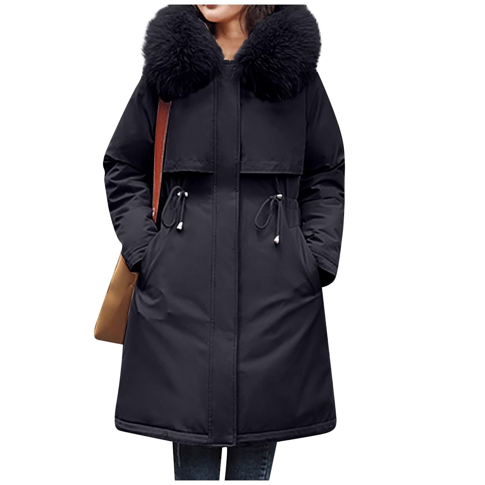 Generisch Płaszcz zimowy damski, futrzany kaptur, średniej długości, kurtka zimowa, ciepła podszewka, gruby płaszcz, zimowa podszewka, elegancka parka, outdoorowa, wiatroszczelna, kurtka narciarska