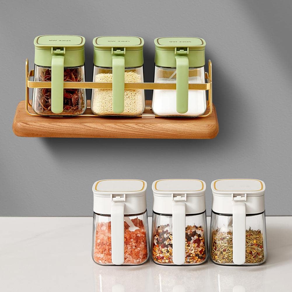 Frascos de especias, contenedor de condimentos, 1 Juego de tarros de condimentos Gran capacidad Buen sellado Vidrio visual Tapa abatible Juego de caja de condimentos con cucharas Suministros de cocina