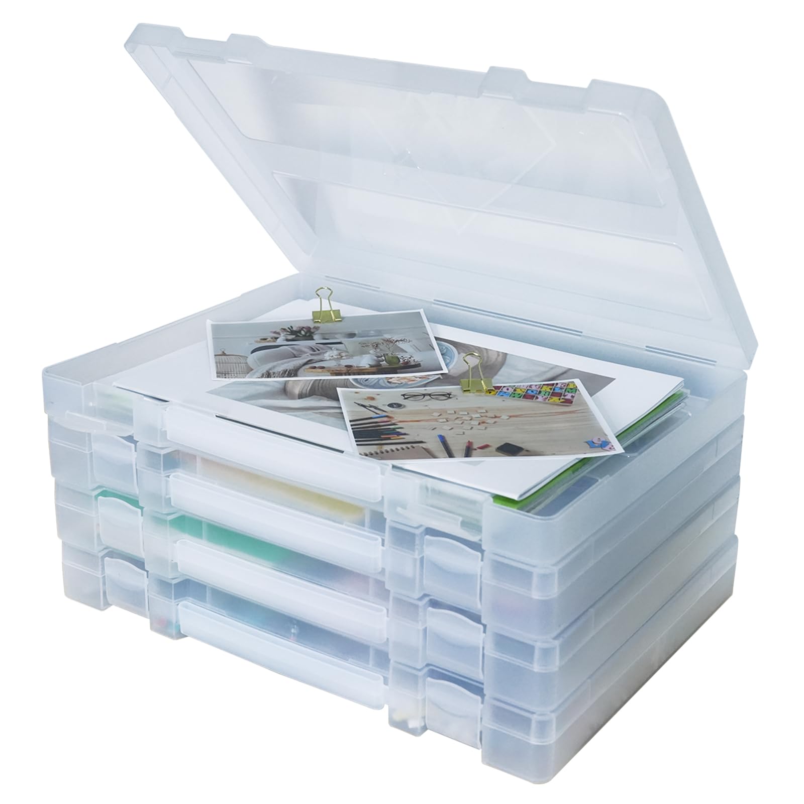 CraftGenes A4 Plastic Box, 4 Pack Paper Organiser with Lids