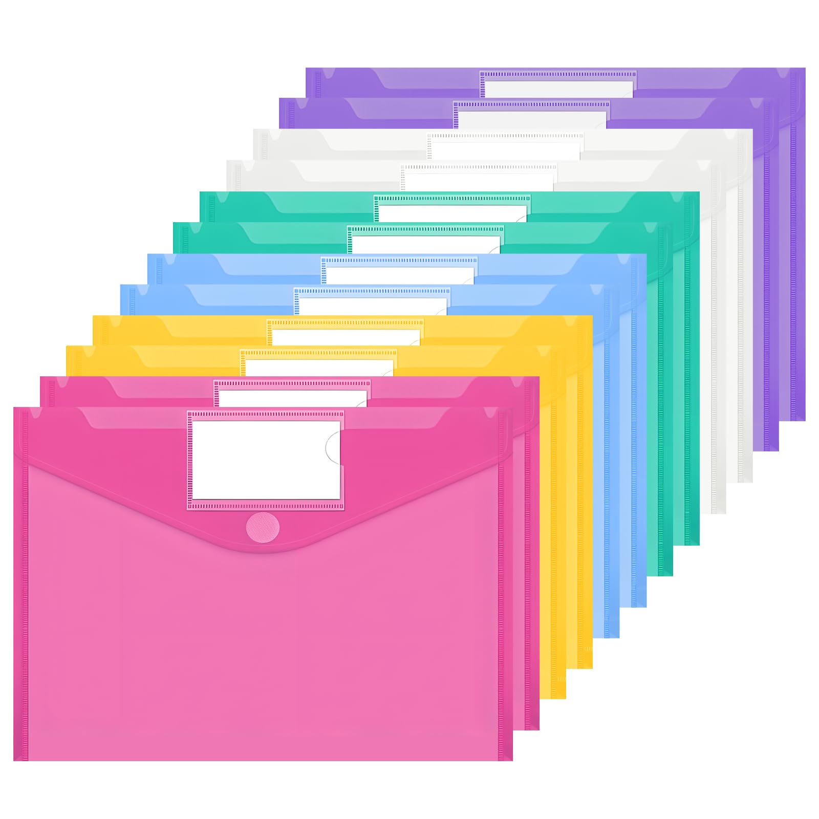 JEFURE A4 Plastic Wallets 12PCS, Waterproof Plastic File Folders, Document Folder Wallets with Label Pocket for Document and Office Supplies Organization, 6 Colors