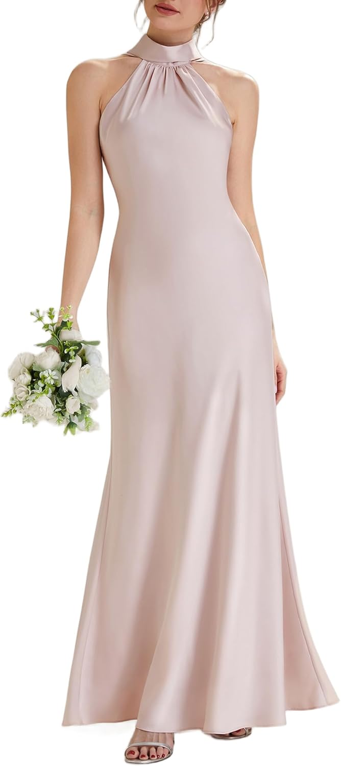 Ever-Pretty Women's Halter Sleeveless Summer Formal Wedding Guest Dress Satin Floor Length Mermaid Bridesmaid Dresses 02707