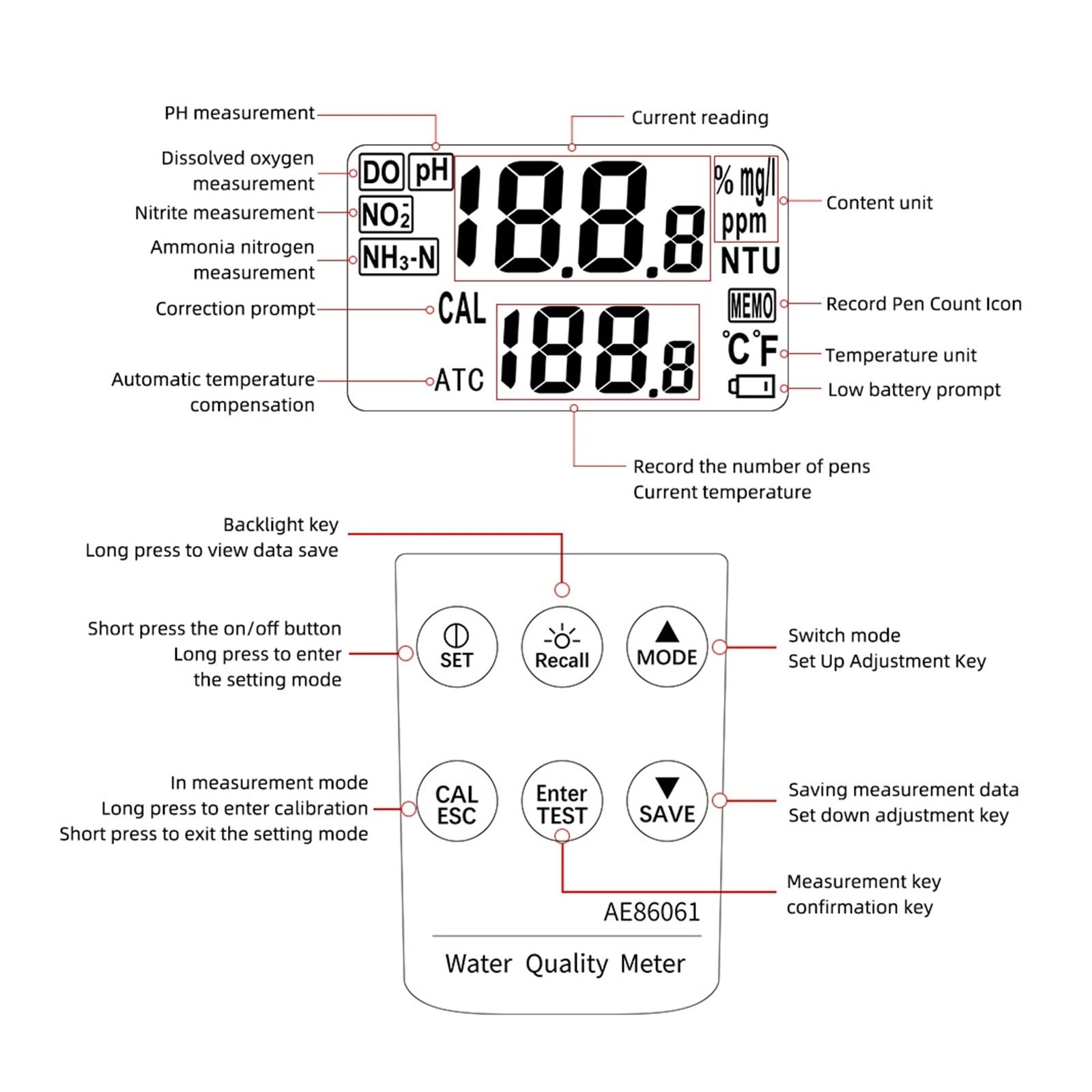 Testeur De Qualité De L'eau Multiparamètre De Laboratoire AE86061 pour une lecture claire | Compteur DO/PH/Temp/ammoniac/nitrite for aquarium, aquaculture, aquarium