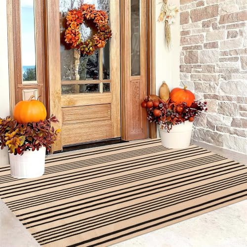 Fall Outdoor Rug 3'x5'Tan Striped Layering Rug Farmhouse Front Porch Rug