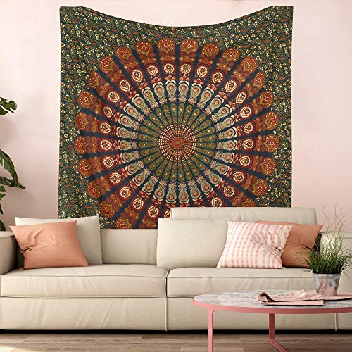 Indian Hippie Bohemian Psychedelic Golden Blue Peacock Mandala Wall Hanging Bedding Tapestry (Golden Green, Queen (84X90Inches)(215X230Cms)) #TOP3