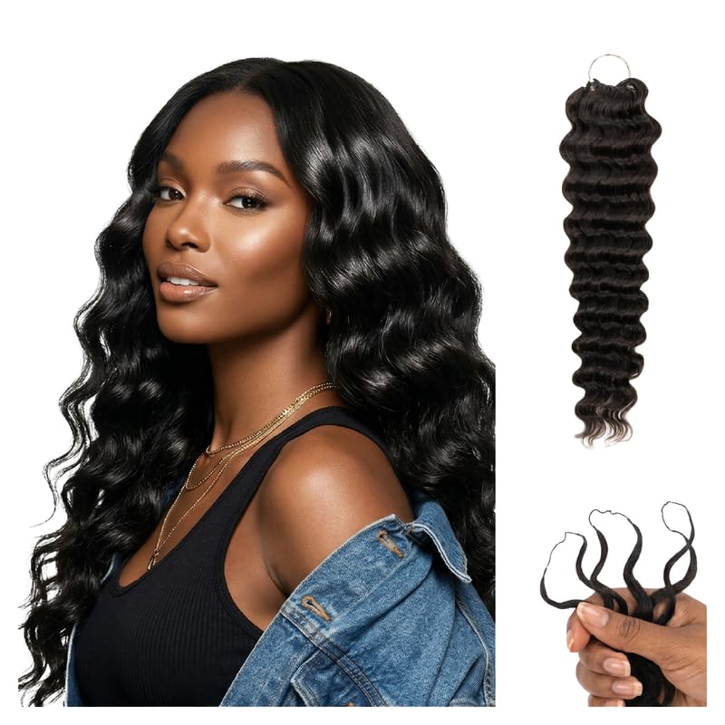 100% Unprocessed Remy Human Hair Feather Crochet Extensions for Women – Reusable, Invisible Knotless Feather Hair - Deep Wave - Natural Black