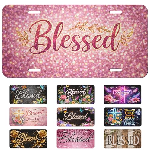 Blessed Pink Glitter Front License Plate Faith Floral Car Decorative License Plates Aluminum Metal Decor Accessory Novelty Vanity Tag Cover with 4 Holes for Men Women 6" X 12"