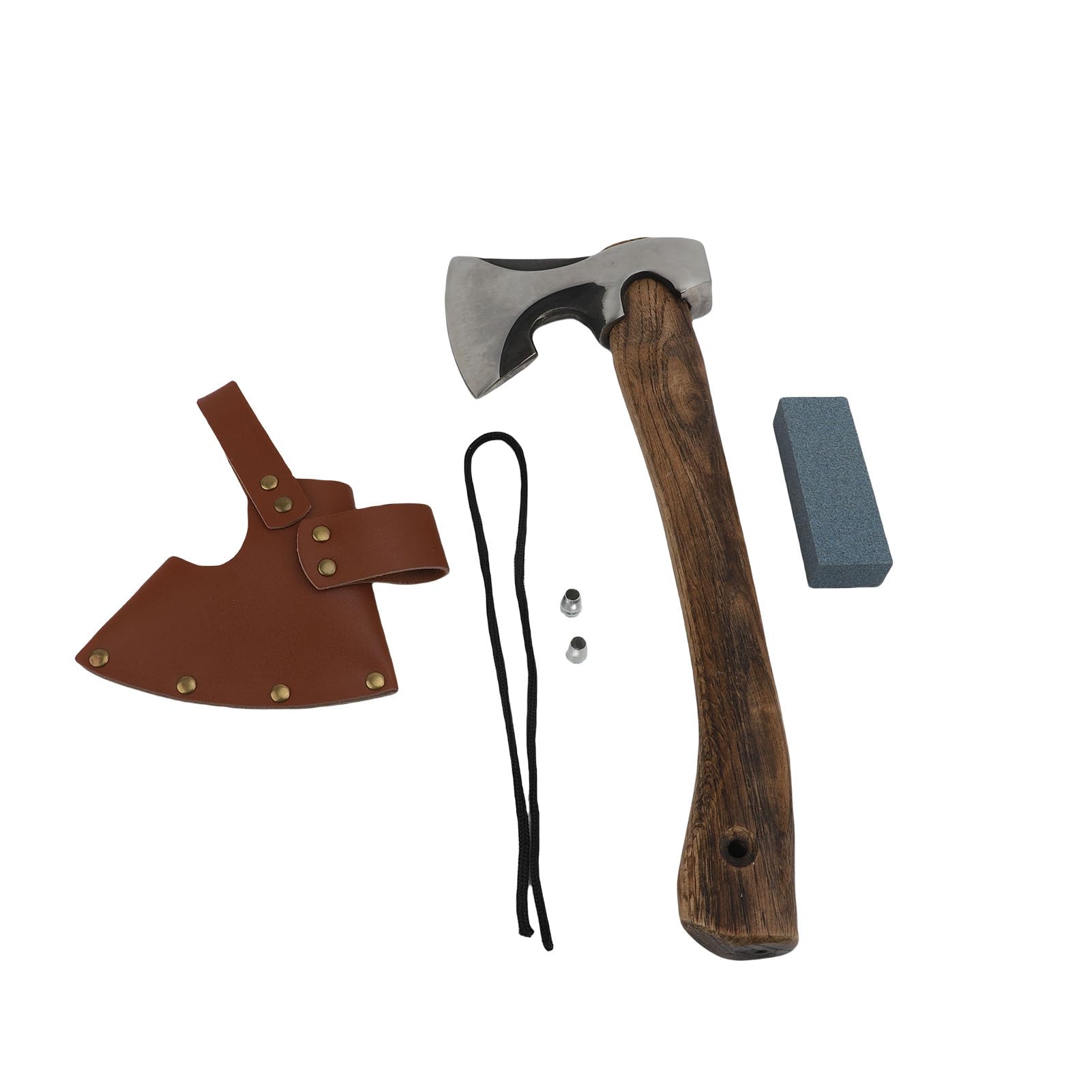 Ascia da Campeggio, Accetta Compatta Bushcraft con Fodero in Pelle e Pietra per Affilare per Sopravvivenza All'aperto Giardinaggio Intaglio del Legno, Manico in Legno