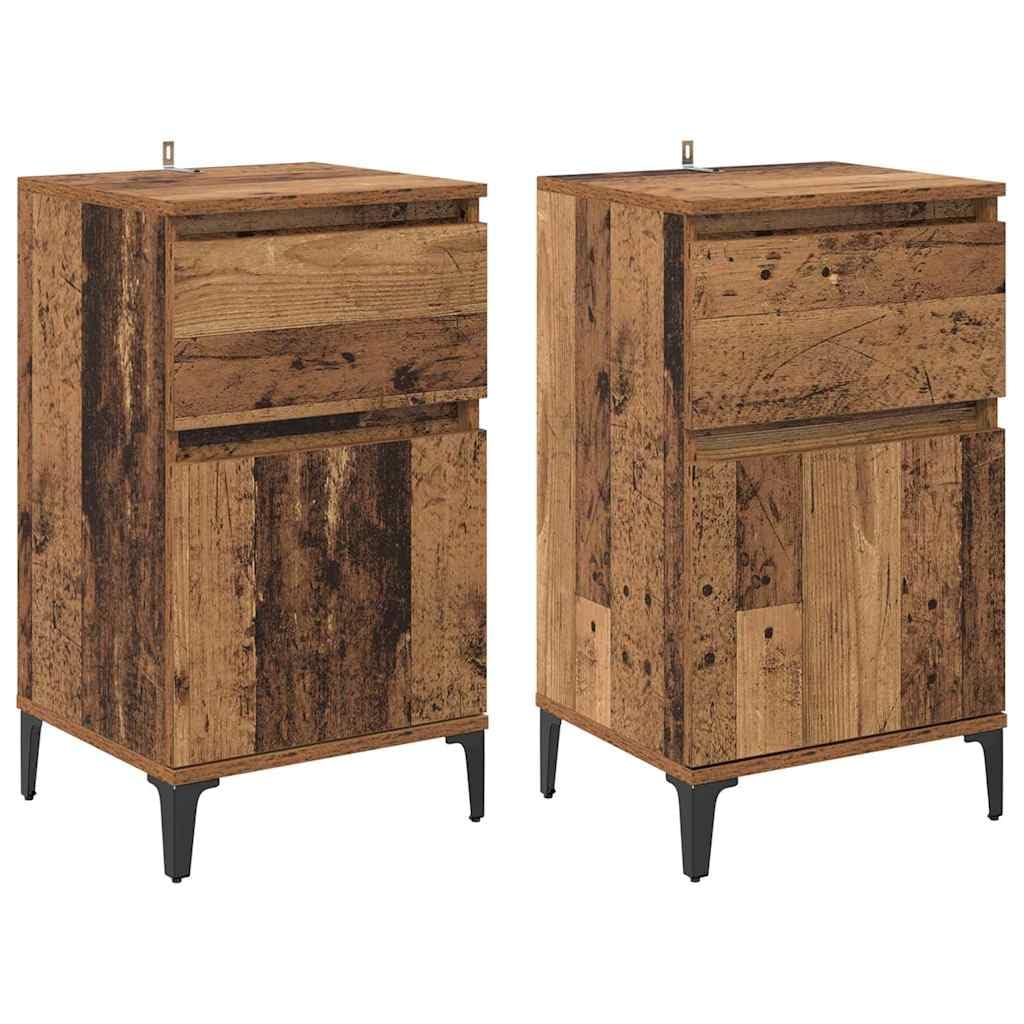 Juego de 2 mesitas auxiliares de madera con aspecto de madera envejecida | Mesas auxiliares compactas para el dormitorio con patas de acero resistentes y práctico cajón de diseño industrial.