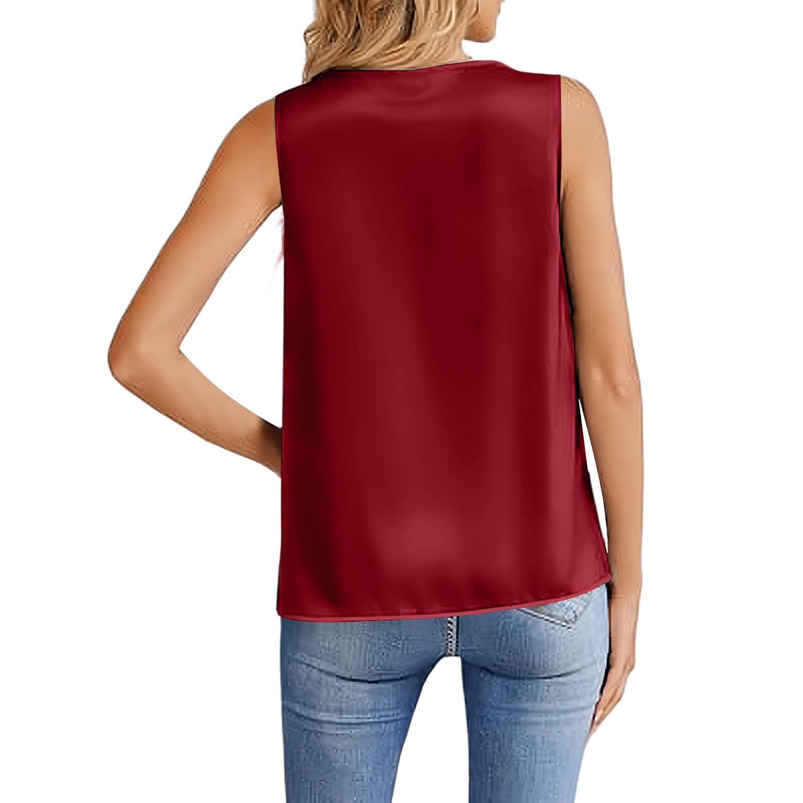 Camiseta sin mangas de satén de color liso con cuello alto para mujer